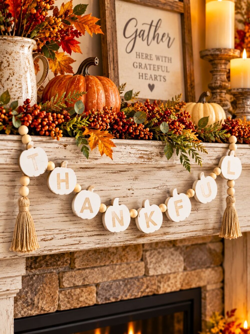 Thankful Pumpkin Wood Bead Garland Tassels Fall Thanksgiving Farmhouse Décor